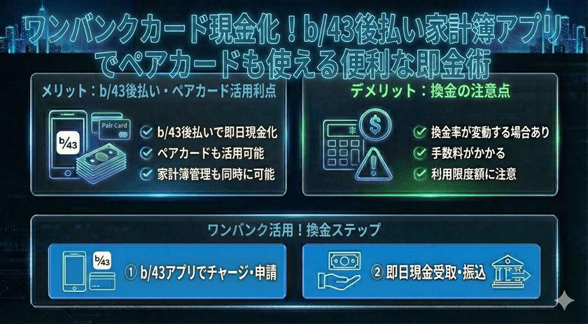 ワンバンクカード現金化!b/43後払い家計簿アプリでペアカードも使える便利な即金術