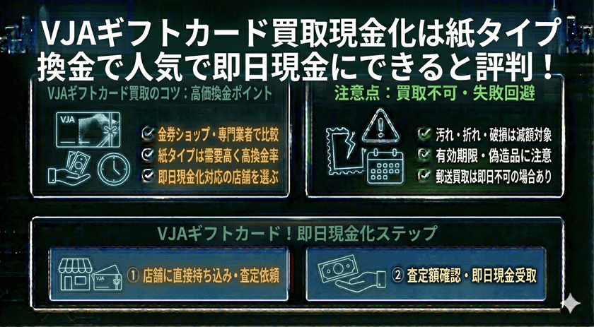 VJAギフトカード買取現金化は紙タイプ換金で人気で即日現金にできると評判!
